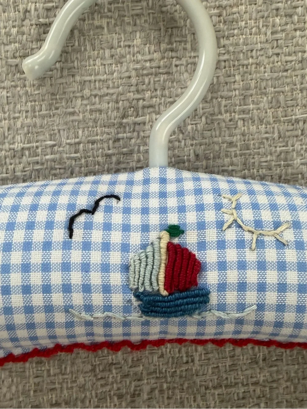 Blue Gingham Padded Kids Hanger with Red Trim and Sailboat Embroidery
